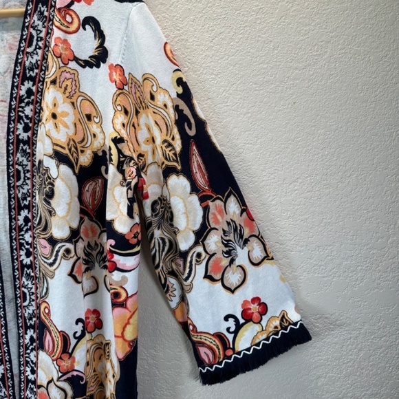 Chicos 2 Linen Blend Floral Fringe Long Cardigan Women's US L Lagenlook Boho - Picture 9 of 16